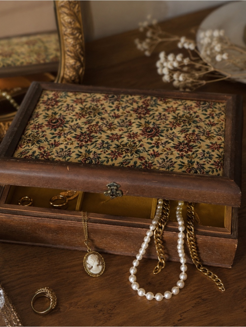 Vintage Japanese Wooden Jewelry Box Floral Tapestry Lid Mirror Trinket Case